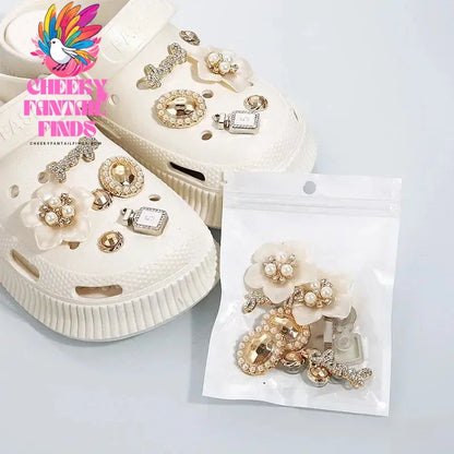 DIY Metal Fashion Set Hole Shoe Charms Accessories PVC Shoe Buckle Cute Pearl Bear Water Diamond Chain Shoes Decorations Cheeky Fantail Finds