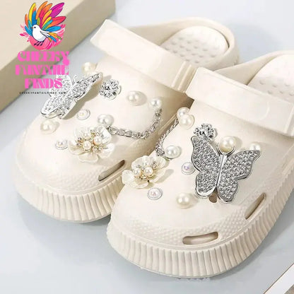 DIY Metal Fashion Set Hole Shoe Charms Accessories PVC Shoe Buckle Cute Pearl Bear Water Diamond Chain Shoes Decorations Cheeky Fantail Finds