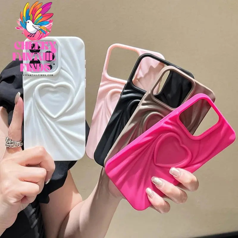 Fashion Fold Wrinkle 3D Love Heart Phone Case For iPhone 13 14 15 Pro Max 16 Plus 11 12 ProMax Soft Matte Silicone Full Cover Cheeky Fantail Finds