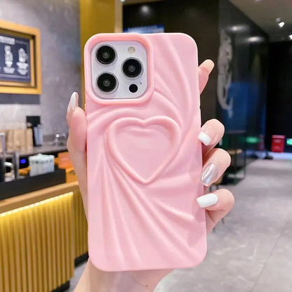 Fashion Fold Wrinkle 3D Love Heart Phone Case For iPhone 13 14 15 Pro Max 16 Plus 11 12 ProMax Soft Matte Silicone Full Cover Cheeky Fantail Finds
