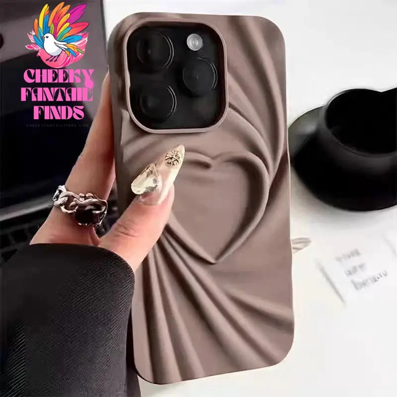 Fashion Fold Wrinkle 3D Love Heart Phone Case For iPhone 13 14 15 Pro Max 16 Plus 11 12 ProMax Soft Matte Silicone Full Cover Cheeky Fantail Finds