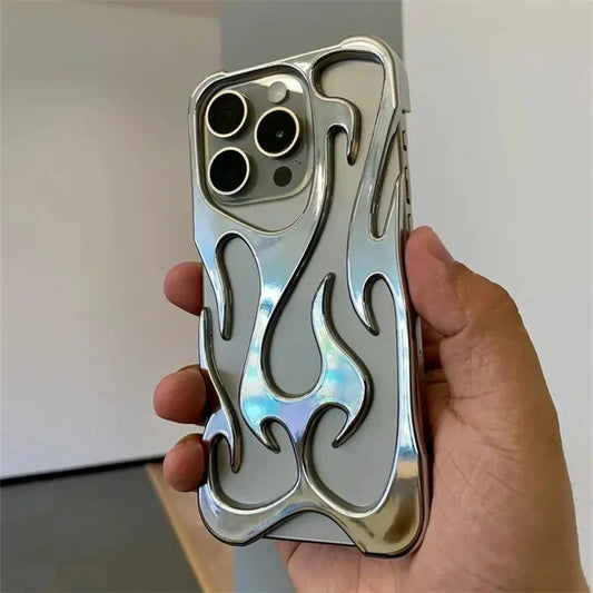 Fashion Hollowed Fire Flame Phone Case For iphone 16 15 14 13 12 11 Pro Max Plus Cool Boy Girl Silver Electroplated Soft Cover Cheeky Fantail Finds