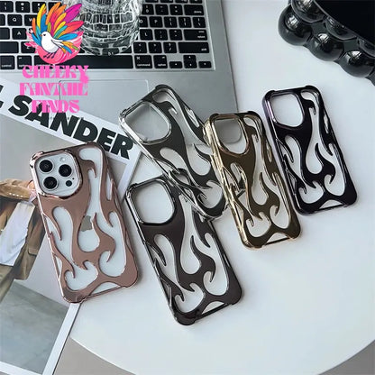 Fashion Hollowed Fire Flame Phone Case For iphone 16 15 14 13 12 11 Pro Max Plus Cool Boy Girl Silver Electroplated Soft Cover Cheeky Fantail Finds
