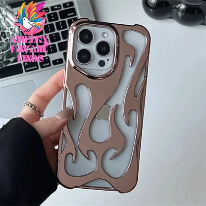 Fashion Hollowed Fire Flame Phone Case For iphone 16 15 14 13 12 11 Pro Max Plus Cool Boy Girl Silver Electroplated Soft Cover Cheeky Fantail Finds