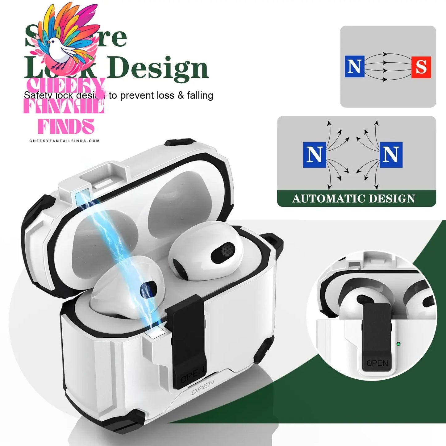 For AirPods 4 Case Secure Lock Full-Body Shockproof Protective Cover 2024 (USB-C) with Keychain Drop-Proof Lock For AirPods 4th Cheeky Fantail Finds
