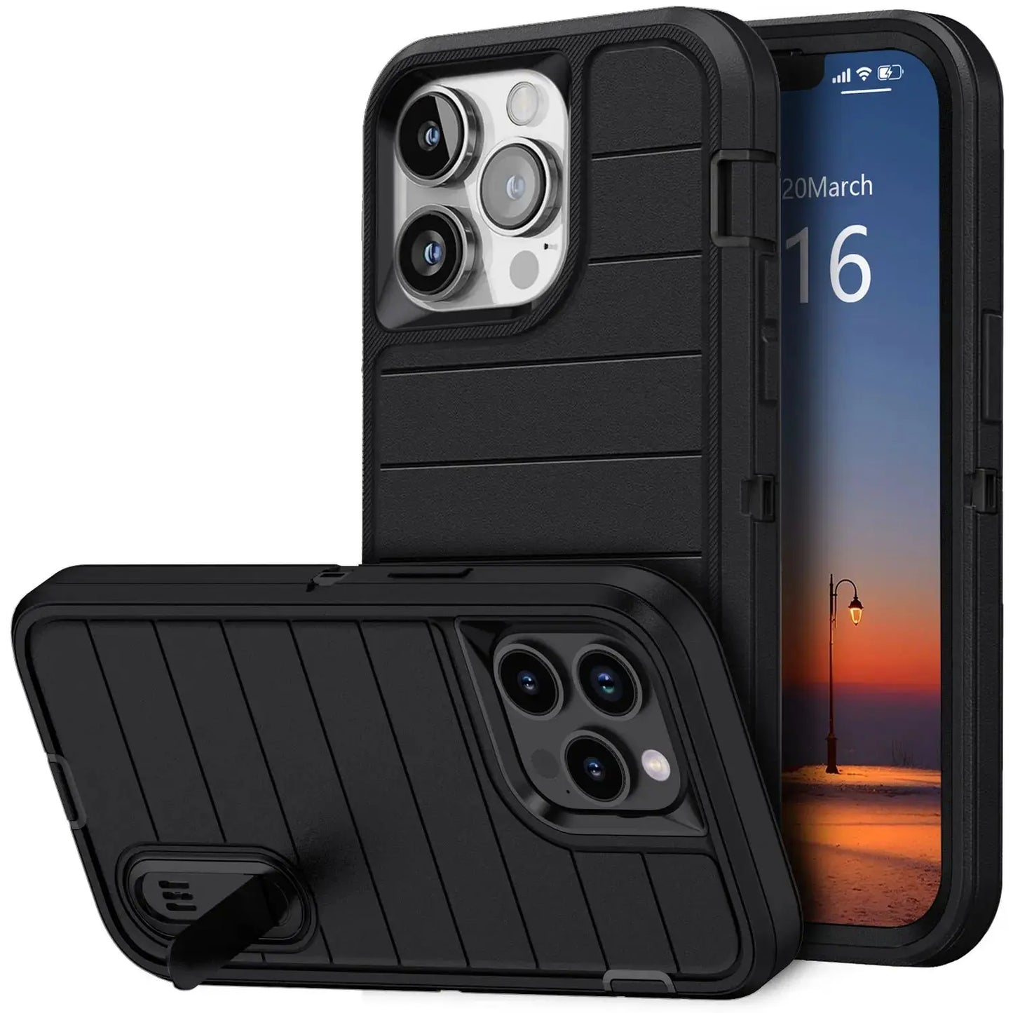For iPhone 13/iPhone 13 Pro/iPhone 13 Pro Max 5G 3-Layers Heavy Duty Protective Kickstand Phone Cover Black Case Cheeky Fantail Finds