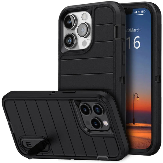 For iPhone 13/iPhone 13 Pro/iPhone 13 Pro Max 5G 3-Layers Heavy Duty Protective Kickstand Phone Cover Black Case Cheeky Fantail Finds