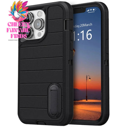 For iPhone 13/iPhone 13 Pro/iPhone 13 Pro Max 5G 3-Layers Heavy Duty Protective Kickstand Phone Cover Black Case Cheeky Fantail Finds