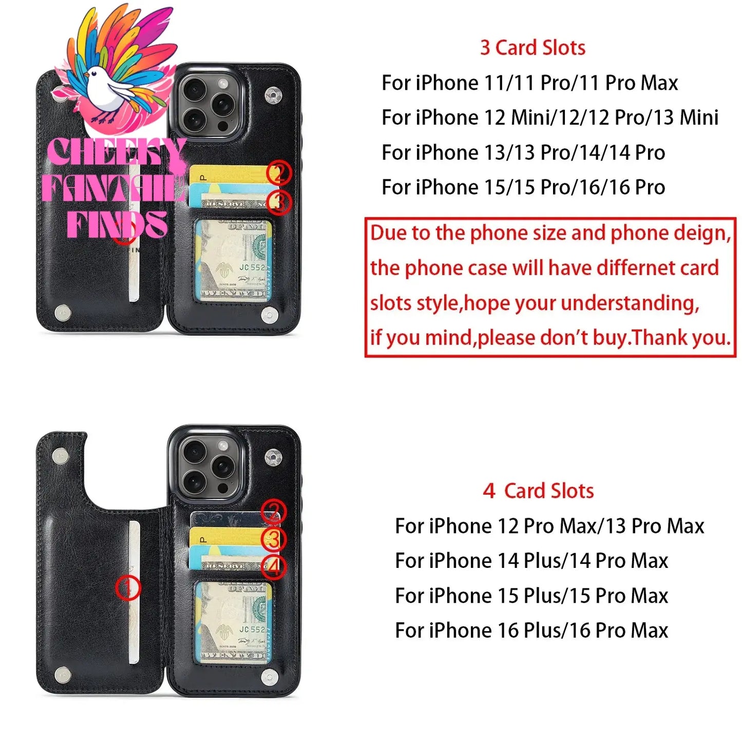 For iPhone 16 15 14 13 12 11 Pro Max PU Leather Case Kickstand Card Holder, Double Magnetic Clasp and Durable Shockproof Cover Cheeky Fantail Finds