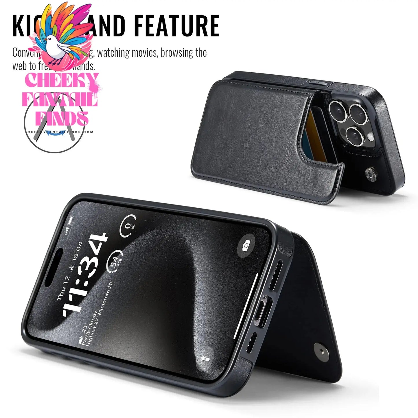 For iPhone 16 15 14 13 12 11 Pro Max PU Leather Case Kickstand Card Holder, Double Magnetic Clasp and Durable Shockproof Cover Cheeky Fantail Finds