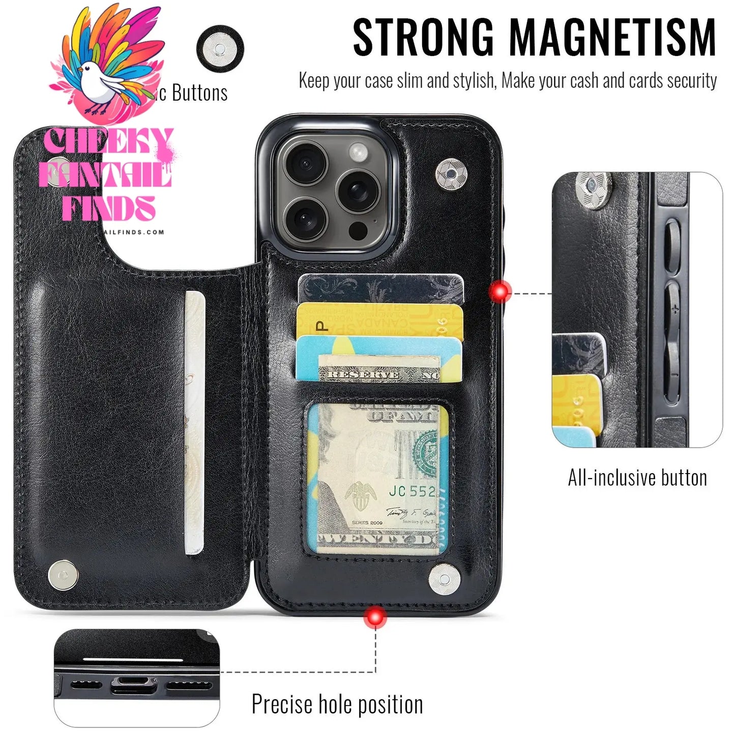 For iPhone 16 15 14 13 12 11 Pro Max PU Leather Case Kickstand Card Holder, Double Magnetic Clasp and Durable Shockproof Cover Cheeky Fantail Finds