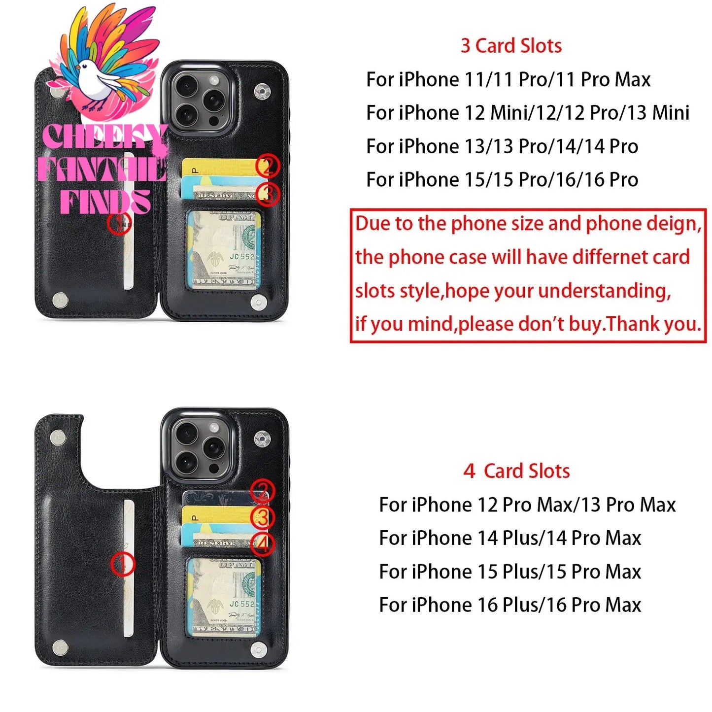 For iPhone 16 15 14 13 12 11 Pro Max PU Leather Case Kickstand Card Holder, Double Magnetic Clasp and Durable Shockproof Cover Cheeky Fantail Finds