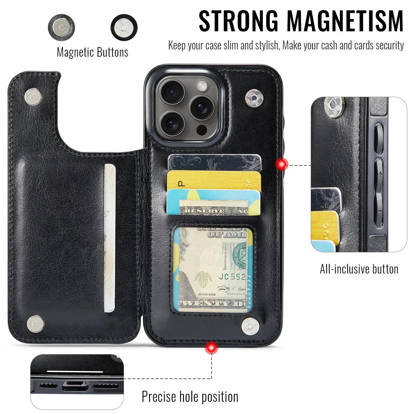 For iPhone 16 15 14 13 12 11 Pro Max PU Leather Case Kickstand Card Holder, Double Magnetic Clasp and Durable Shockproof Cover Cheeky Fantail Finds