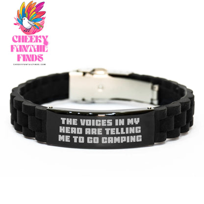 Funny Camping Gifts for Her - Glide lock Clasp Bracelet with Inspirational Quote 'The Voices In My Head Are Telling Me To Go Camping' - Perfect for Mother's Day from Family - Image 1
