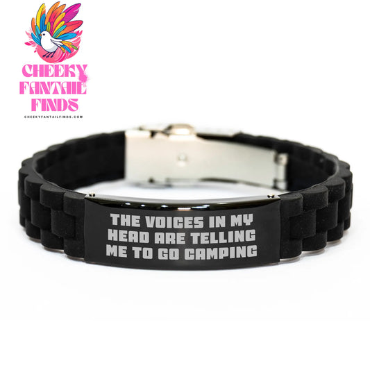 Funny Camping Gifts for Her - Glide lock Clasp Bracelet with Inspirational Quote 'The Voices In My Head Are Telling Me To Go Camping' - Perfect for Mother's Day from Family - Image 1