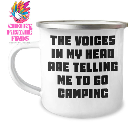 Funny Camping Gifts for Mom, 'The Voices In My Head Are Telling Me To Go Camping' Enamel Camping Mug, Stainless Steel, 12 oz, Gifts from Friends, Family, or Coworkers - Image 1