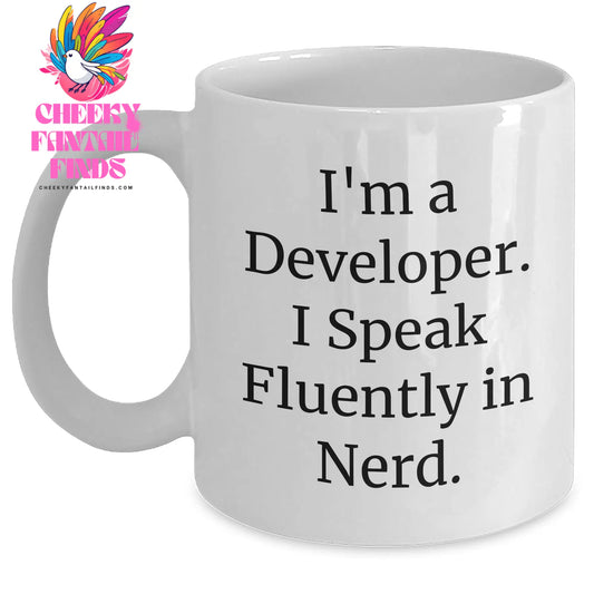 Funny Developer White Coffee Mug - Gifts from Friends, Coworkers, or Family for Father's Day, Perfect for Men and Women who Speak Fluently in genius - Main