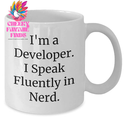 Funny Developer White Coffee Mug - Gifts from Friends, Coworkers, or Family for Father's Day, Perfect for Men and Women who Speak Fluently in genius - Additional