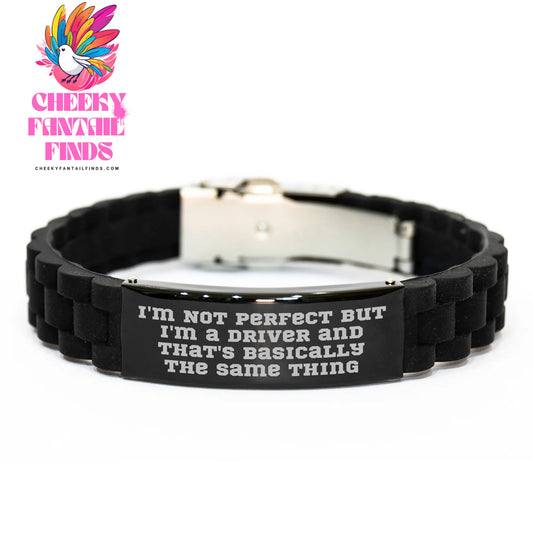 Funny Driver Gifts from Men for Father's Day - Glide lock Clasp Silver Black Stainless Steel Silicone Adjustable Black Color 9.05-Inch - Image 1
