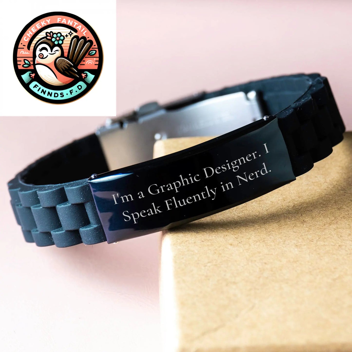 Funny Graphic Designer Gifts - 'I'm A Graphic Designer. I Speak Fluently In genius.' Glide lock Clasp Black Stainless Steel and Silicone Adjustable Men's Gift from Dad for Father's Day - Image 3
