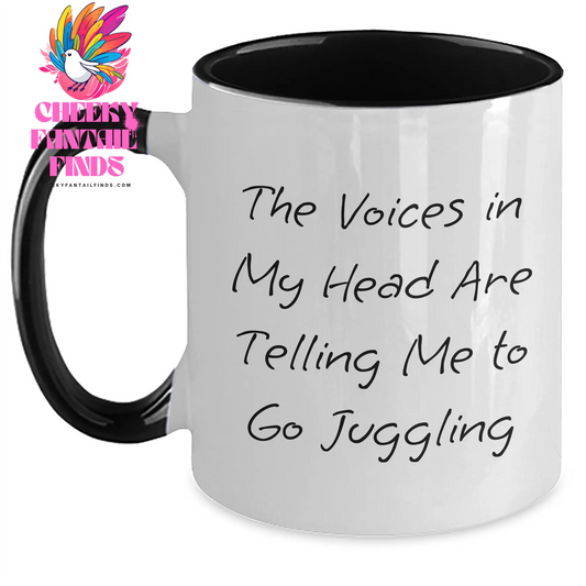 Funny Juggling Gifts for Men from Dad on Father's Day - Two Tone Coffee Mug with 'The Voices In My Head Are Telling Me To Go Juggling' Quote - Main