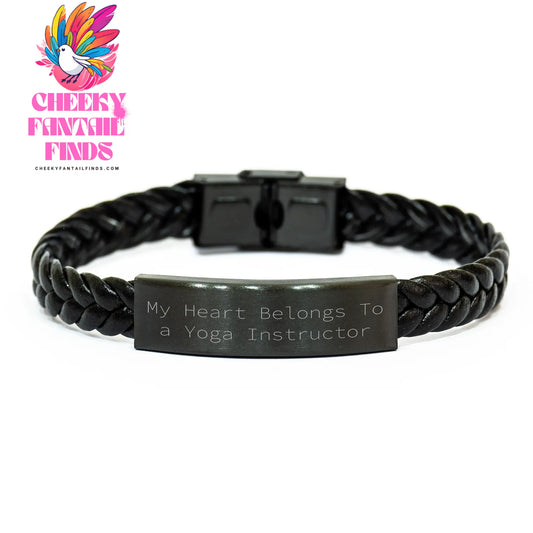 Funny Quote Yoga Instructor Gifts, 'My Heart Belongs' Interlaced Leather Bracelet, Mother's Day Unique Gifts from Men to Women - Image 1
