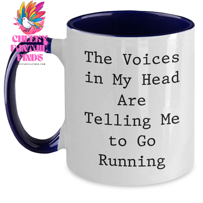 Funny Running Gifts for Her - The Voices In My Head Are Telling Me To Go Running Two Tone Coffee Mug, Mother's Day Unique Gifts from Women, Gifts for Running Women - Main