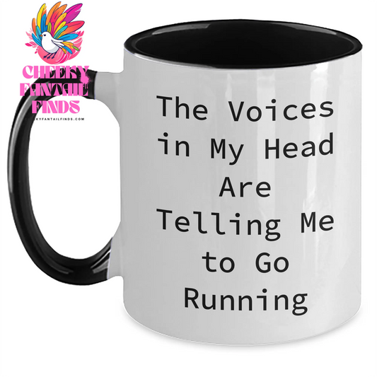 Funny Running Gifts for Mom - The Voices In My Head Are Telling Me To Go Running Two Tone Coffee Mug, Gifts from Mom to Running Mom, 11oz Ceramic, Microwave and Dishwasher Safe - Main