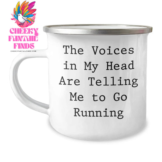 Funny Running Gifts from Friends - 'The Voices In My Head Are Telling Me To Go Running' Enamel Mug for Running Enthusiasts on Mother's Day - Image 1