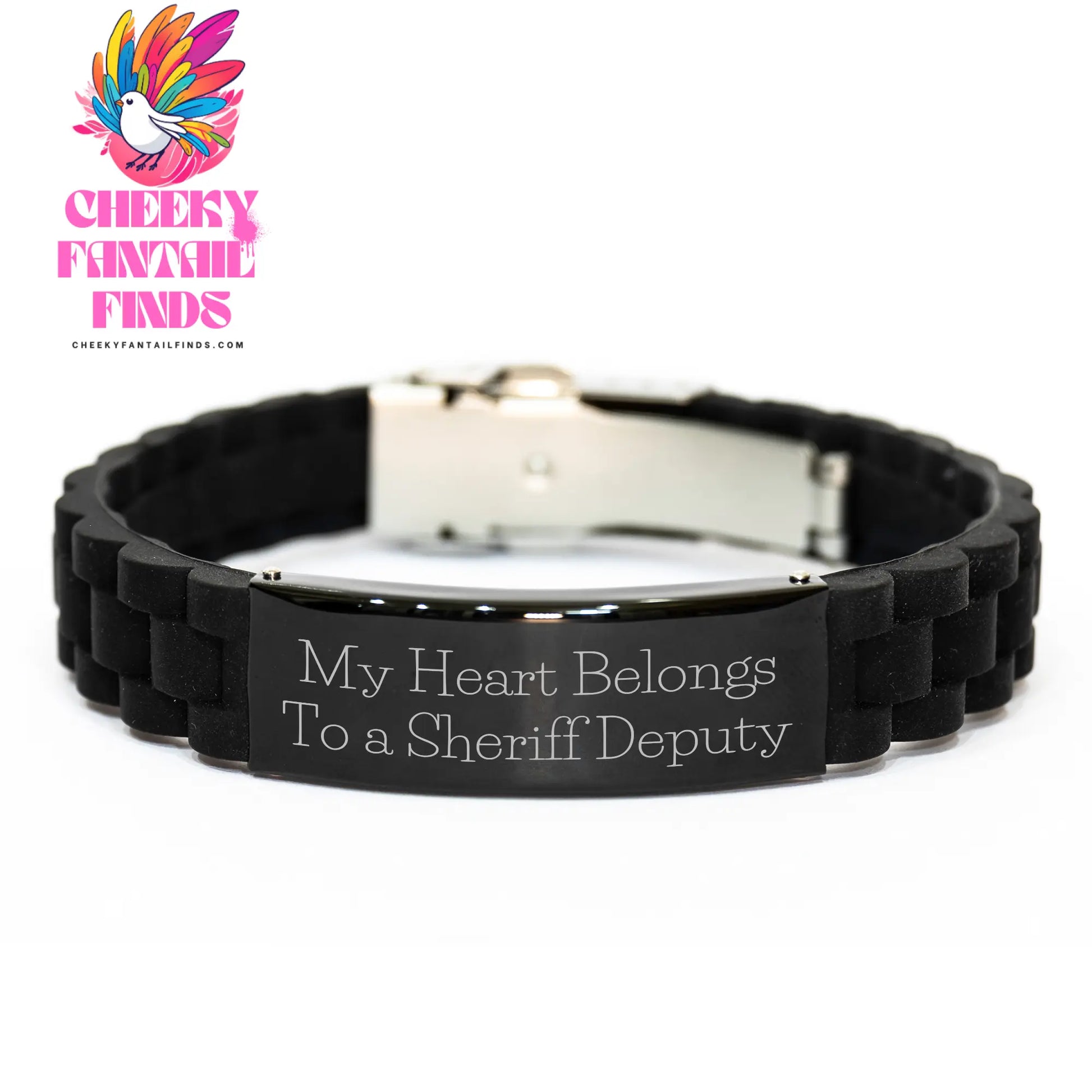 Funny Sheriff Deputy Gifts from Men - 'My Heart Belongs To A Sheriff Deputy' Glide lock Clasp Black Stainless Steel Adjustable Bracelet for Sheriff Deputy on Mother's Day - Image 1