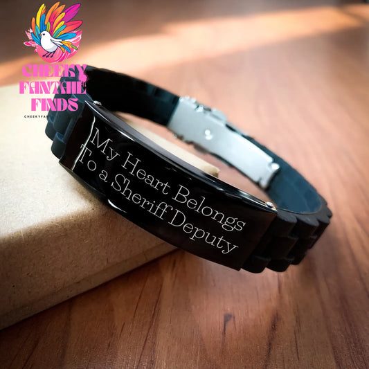 Funny Sheriff Deputy Gifts from Men - 'My Heart Belongs To A Sheriff Deputy' Glide lock Clasp Black Stainless Steel Adjustable Bracelet for Sheriff Deputy on Mother's Day - Image 2