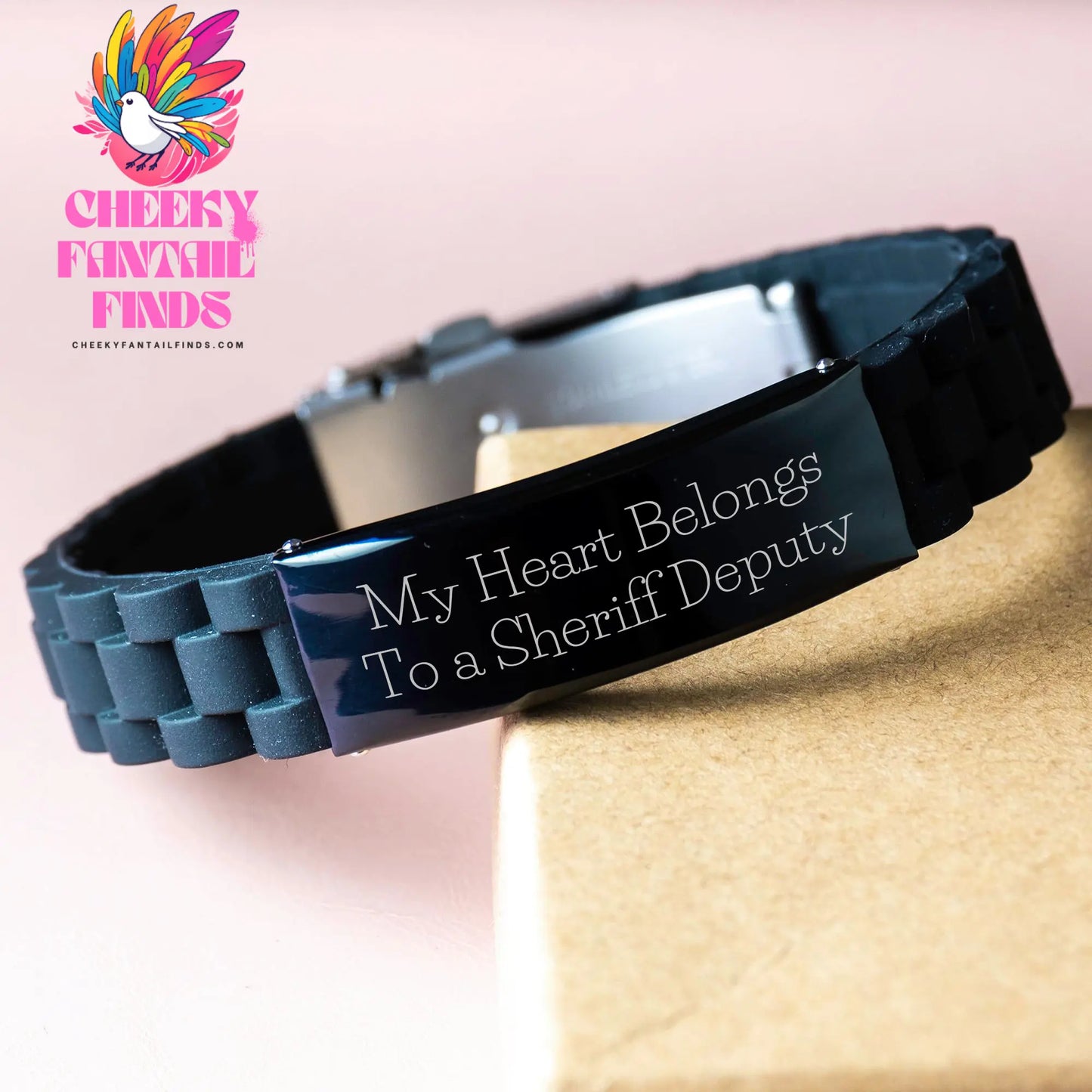 Funny Sheriff Deputy Gifts from Men - 'My Heart Belongs To A Sheriff Deputy' Glide lock Clasp Black Stainless Steel Adjustable Bracelet for Sheriff Deputy on Mother's Day - Image 3