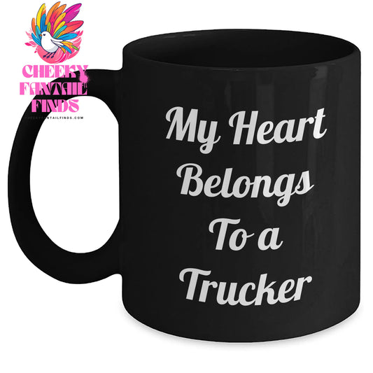 Funny Trucker Gifts for Mom, 'My Heart Belongs To A Trucker' Black Coffee Mug, Unique Mother's Day Present from Friends, Family or Coworkers - Main