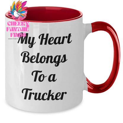 Funny Trucker Quotes Two Tone Coffee Mug, Gifts from Friends and Family for Mother's Day, Heart Belongs to a Trucker, Unique Trucker Gifts for Men and Women - Additional