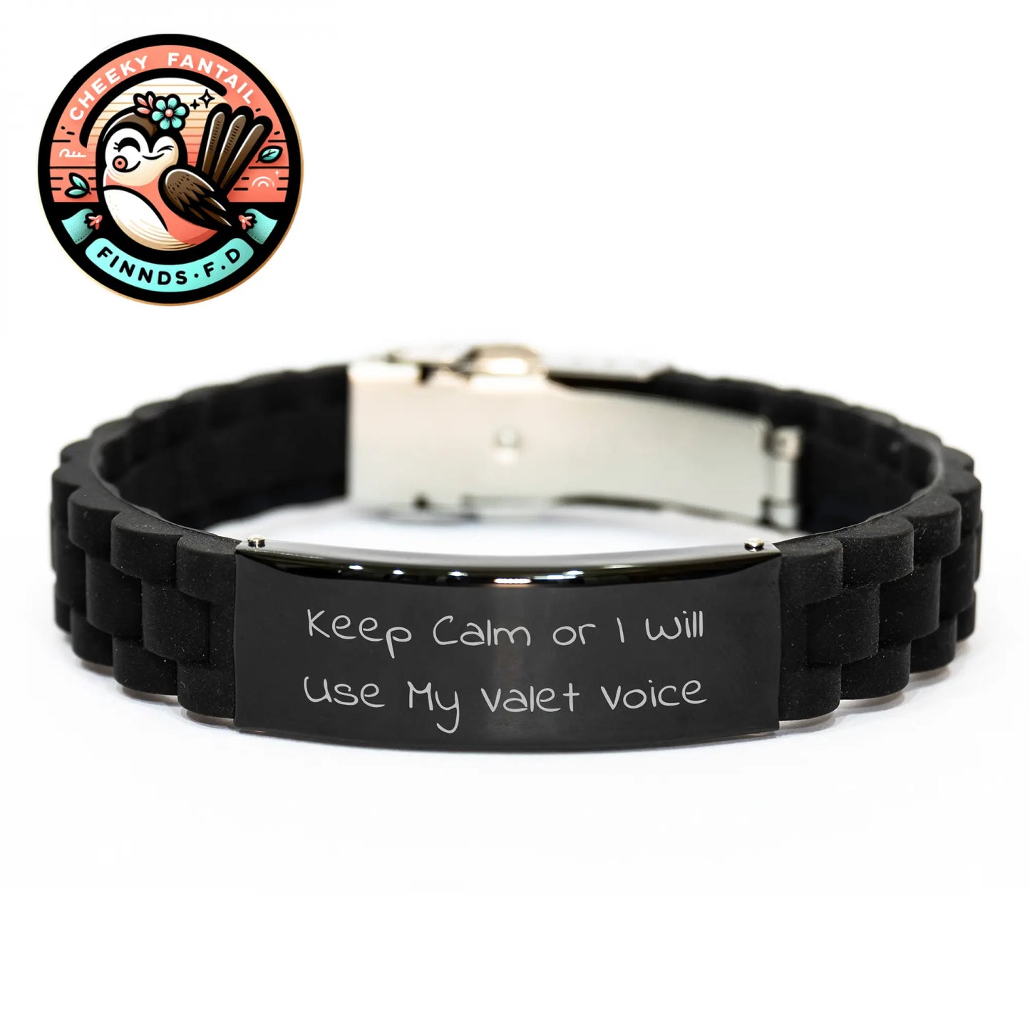 Funny Valet Gifts for Men, 'Keep Calm Or I Will Use My Valet Voice' Glide lock Clasp Black Stainless Steel Silicone Bracelet, Father's Day Unique Gifts from Men to Family - Image 1