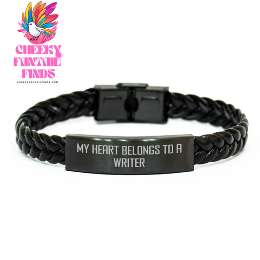Funny Writer Gifts for Mom, Interlaced Leather Bracelet with Quote 'My Heart Belongs To A Writer', Gifts from Family for Mother's Day - Image 1