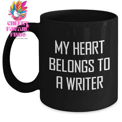 Funny Writer Gifts from Mom, Gifts for Dad, My Heart Belongs To A Writer, Black Coffee Mug, Perfect for Mother's Day - Main