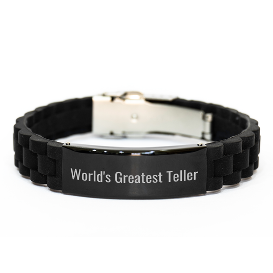 Funny Teller Quotes Gifts from Men to Friends, Glide lock Clasp Black Stainless Steel Silicone Adjustable Bracel, Inspirational World's Greatest Teller Teller Gifts for Father's Day - Image 1