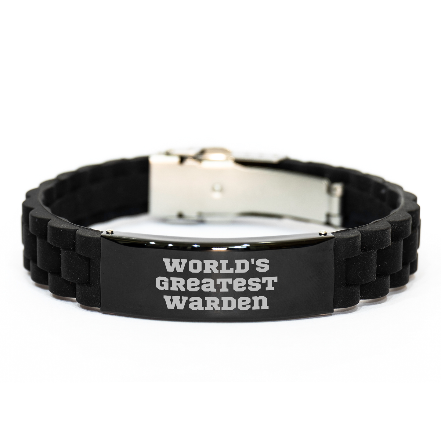 Funny World's Greatest Warden Gifts for Men, Glide lock Clasp Bracelet with Adjustable Black Stainless Steel and Silicone, Perfect Father's Day Unique Gifts from Friends - Image 1