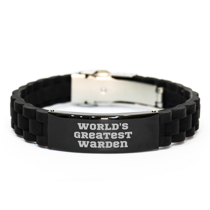 Funny World's Greatest Warden Gifts for Men, Glide lock Clasp Bracelet with Adjustable Black Stainless Steel and Silicone, Perfect Father's Day Unique Gifts from Friends - Image 1