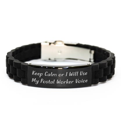 Funny Postal Worker Gifts for Men, Keep Calm Or I Will Use My Postal Worker Voice Glide lock Clasp Bracelet, Adjustable Black Stainless Steel Silicone, Father's Day Unique Gifts from Family - Image 1