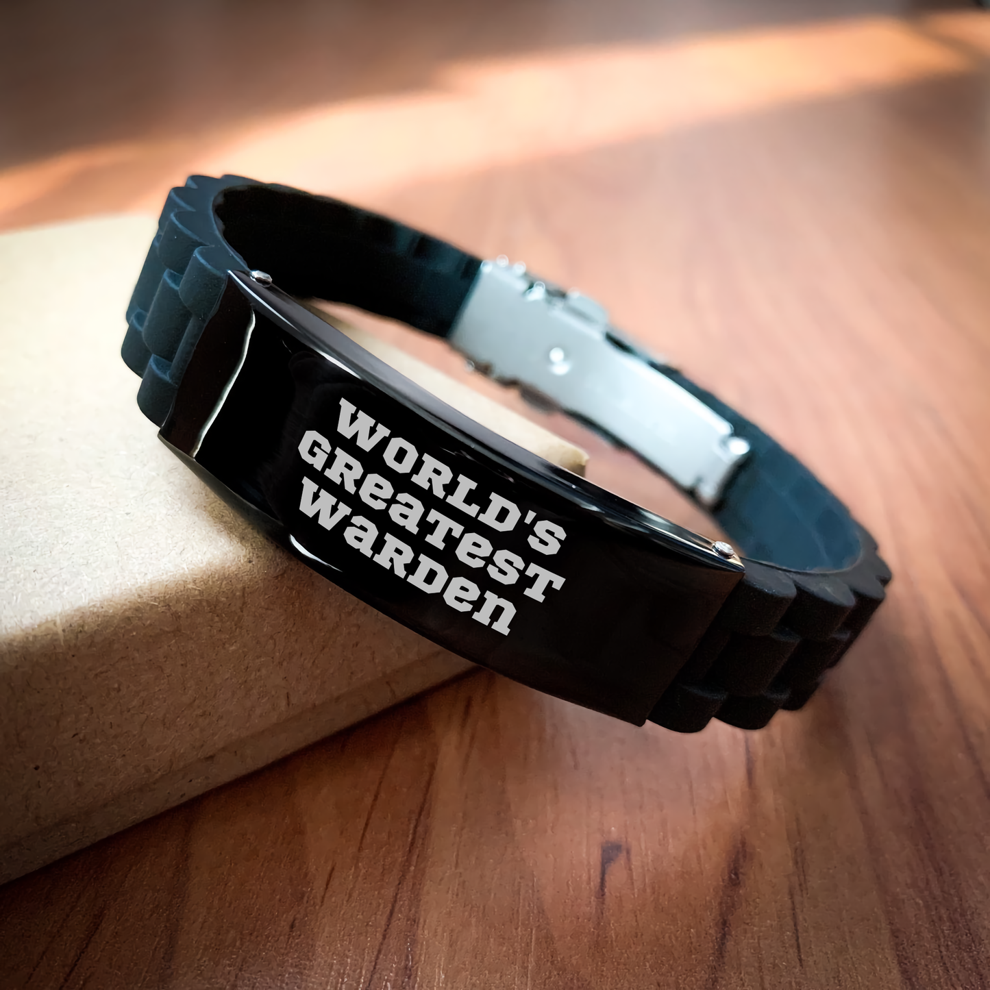 Funny World's Greatest Warden Gifts for Men, Glide lock Clasp Bracelet with Adjustable Black Stainless Steel and Silicone, Perfect Father's Day Unique Gifts from Friends - Image 2
