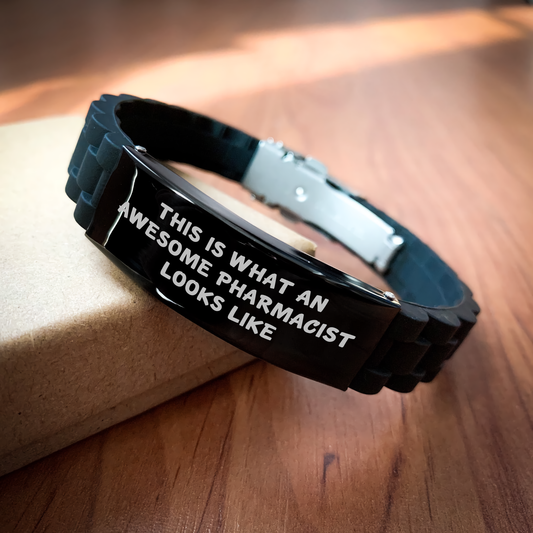Funny Pharmacist Gifts from Friends for Awesome Pharmacists - Glide lock Clasp Black Silicone Adjustable Bracelet, Perfect for Father's Day - Image 2
