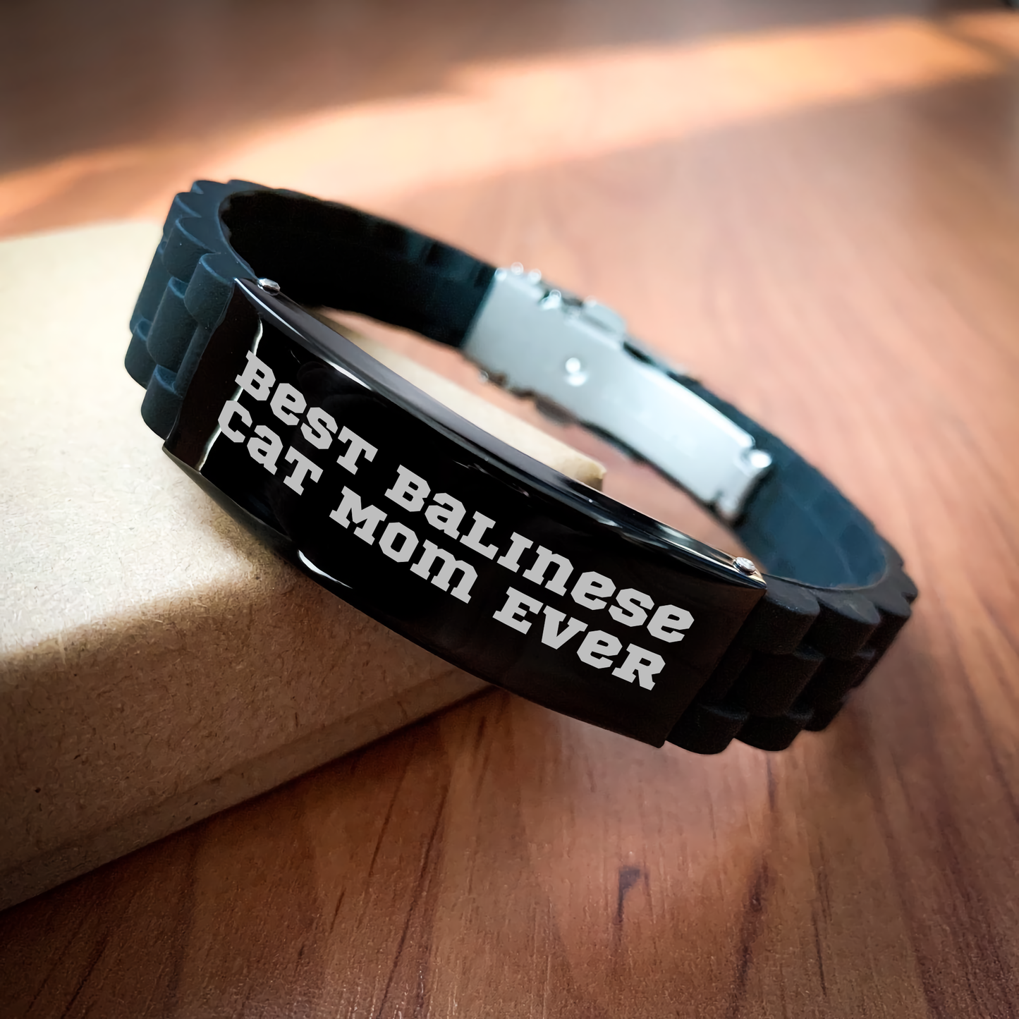 Balinese Cat Mom Ever's Gift: Glide lock Clasp Bracelet for Balinese Cat Enthusiasts, Best Father's Day Unique Gift for Men, Unique Adjustable Silver Black Stainless Steel Silicone Jewelry - Image 2