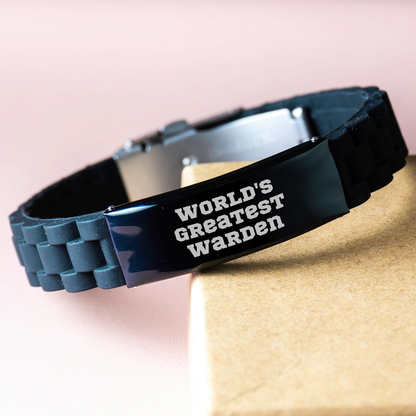 Funny World's Greatest Warden Gifts for Men, Glide lock Clasp Bracelet with Adjustable Black Stainless Steel and Silicone, Perfect Father's Day Unique Gifts from Friends - Image 3