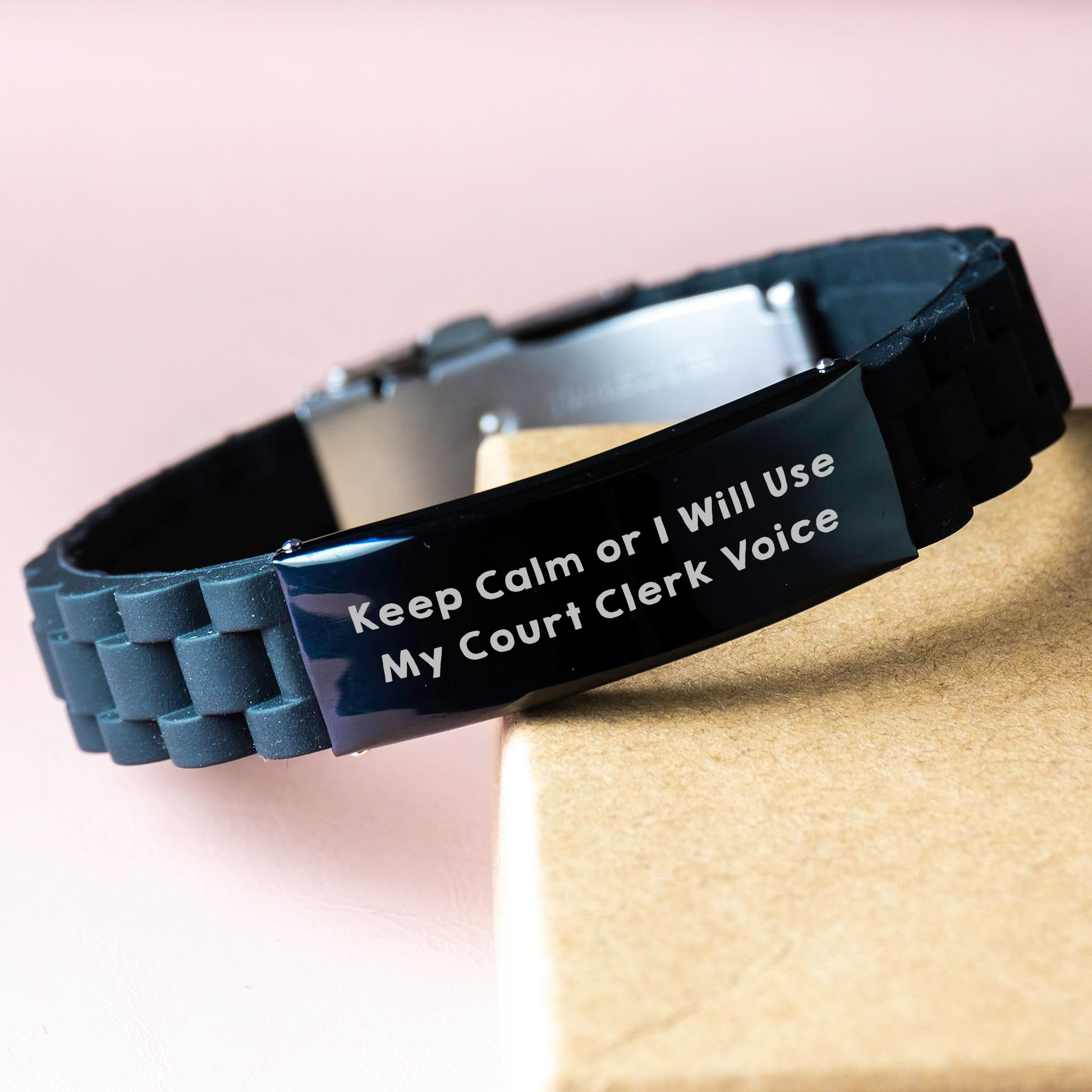 Court Clerk Gifts: 'Keep Calm Or I Will Use My Court Clerk Voice' Glide lock Clasp Black Stainless Steel Adjustable Silver Silicone Men's Gift for Court Clerk from Family on Father's Day - Image 3