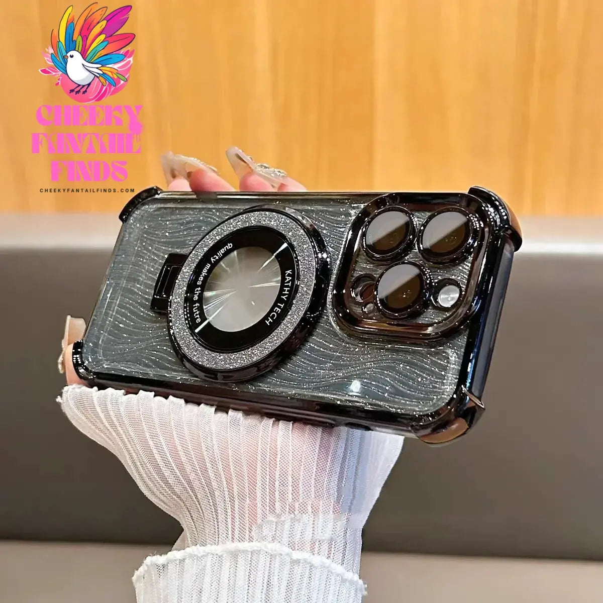 Glitter Water Ripple Magsafe Logo Hole Case For iPhone 14 15 Pro Max 13 Pro Folding Holder Cover For iPhone 16 Plus Hard Shell Cheeky Fantail Finds