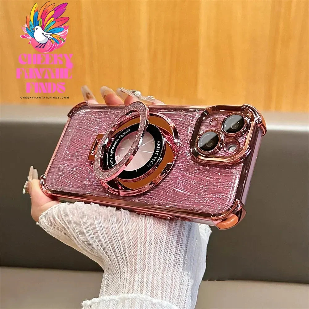 Glitter Water Ripple Magsafe Logo Hole Case For iPhone 14 15 Pro Max 13 Pro Folding Holder Cover For iPhone 16 Plus Hard Shell Cheeky Fantail Finds