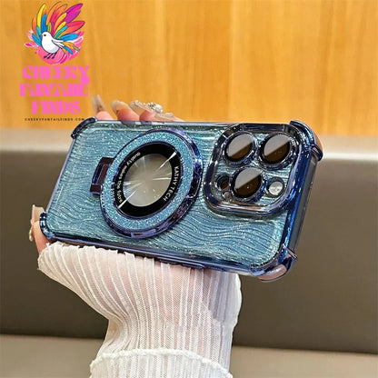 Glitter Water Ripple Magsafe Logo Hole Case For iPhone 14 15 Pro Max 13 Pro Folding Holder Cover For iPhone 16 Plus Hard Shell Cheeky Fantail Finds