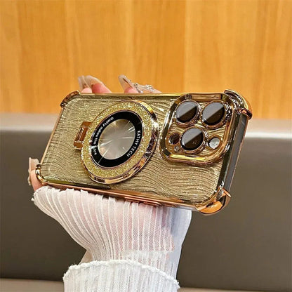 Glitter Water Ripple Magsafe Logo Hole Case For iPhone 14 15 Pro Max 13 Pro Folding Holder Cover For iPhone 16 Plus Hard Shell Cheeky Fantail Finds